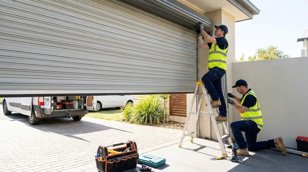 Two Roller Door South Africa technicians installing a residential roller shutter door